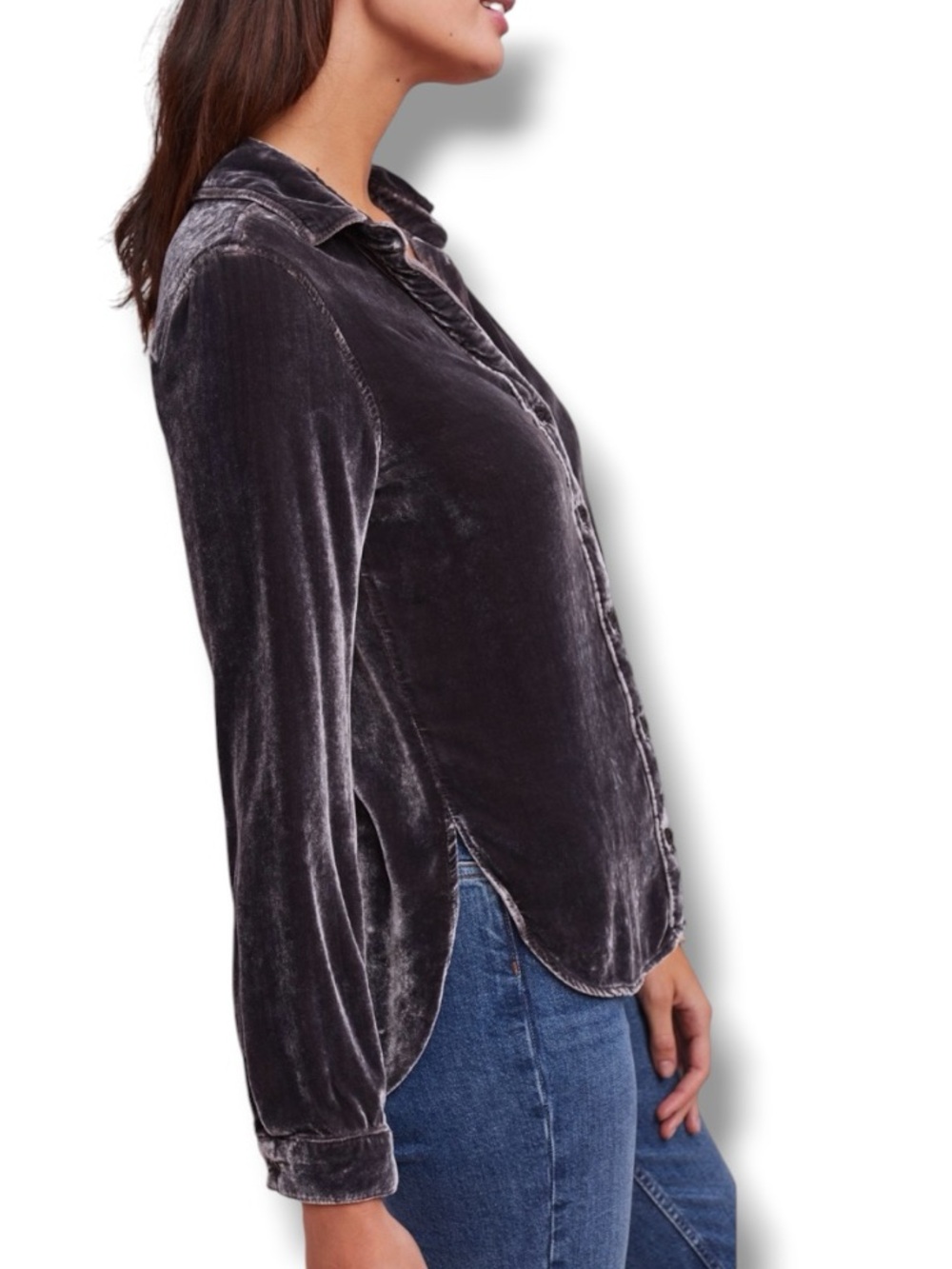 Anthropologie Cloth & Stone Velvet Buttondown Shirt in Plum/Grey Size Small